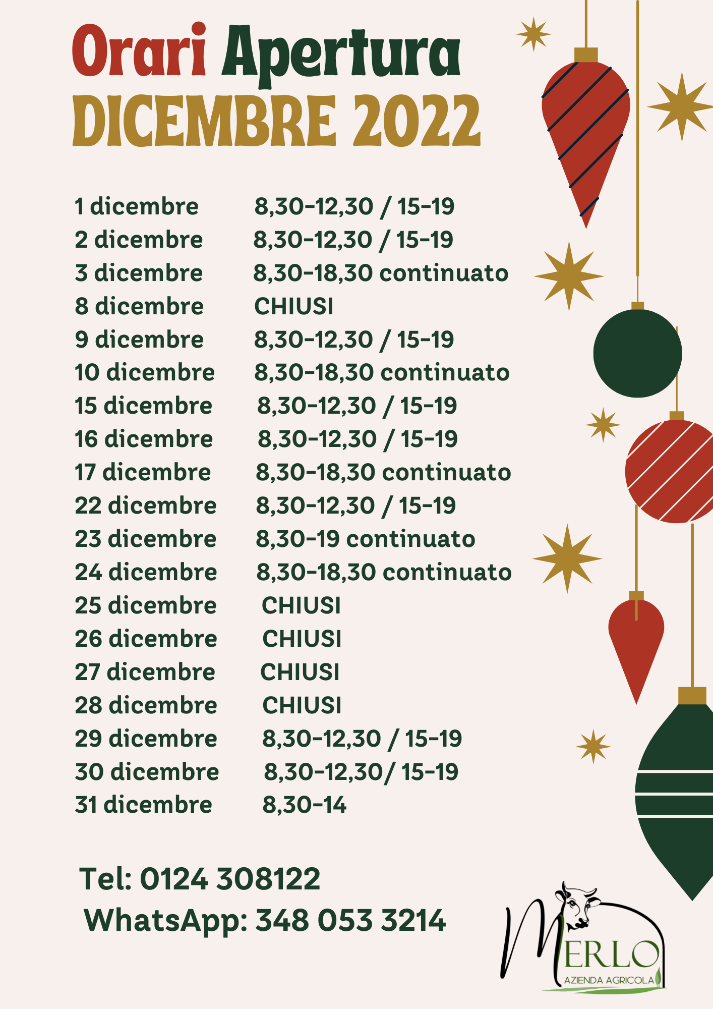 Azienda Agricola Merlo: orari di dicembre